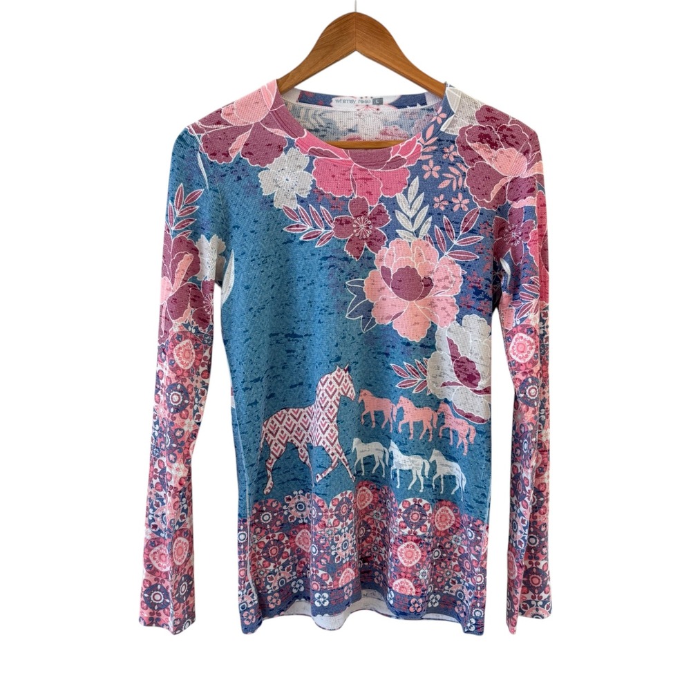 Whimsy Rose Baby Waffle Knit Thermal Top Womens L Floral Burnout Horse Indie